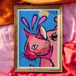 Blue Cat Art Print - Pink Portrait With Sparrow Tattoo - thumbnail 3