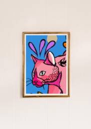 Blue Cat Art Print - Pink Portrait With Sparrow Tattoo - thumbnail 1
