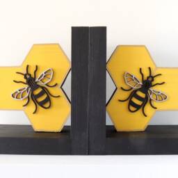 Bee Bookends, Honeycomb Book Stopper, Wooden Bookends - thumbnail 3
