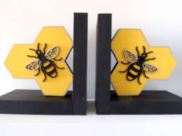 Bee Bookends, Honeycomb Book Stopper, Wooden Bookends - thumbnail 1