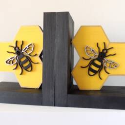 Bee Bookends, Honeycomb Book Stopper, Wooden Bookends - thumbnail 2