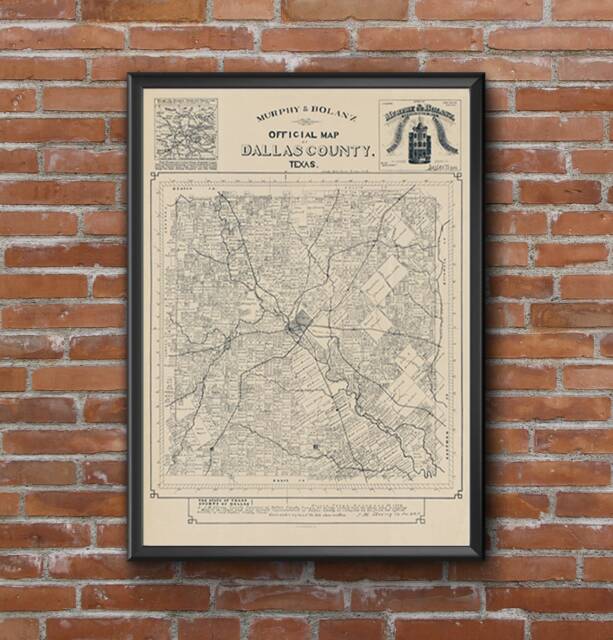 Dallas City Map Poster Print Wall Art - Texas Gift Old Decor For Home Office 1886 County Map - image 1