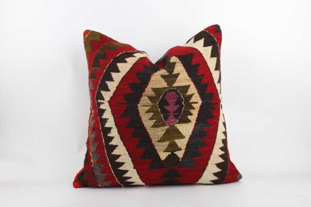 Handwoven Wool Kilim Pillow Cover, Bohemian Turkish Design, 24x24 Inch Cushion - image 1