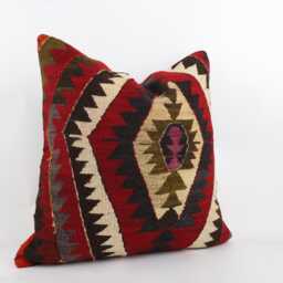 Handwoven Wool Kilim Pillow Cover, Bohemian Turkish Design, 24x24 Inch Cushion - thumbnail 3