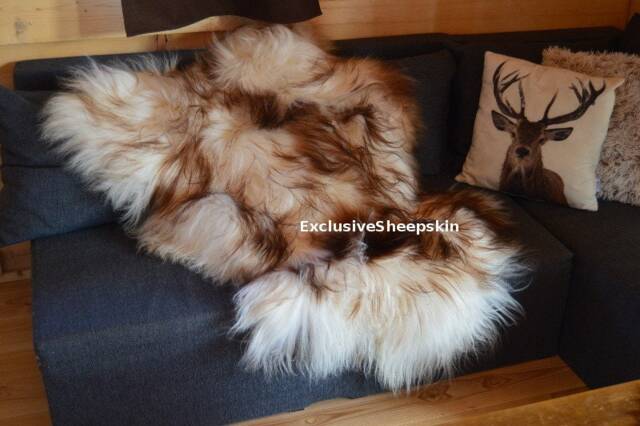 Genuine White-Brown Icelandic Sheepskin Rug 100% Natural Soft Long Wool, Schaffell, Hygge - image 1