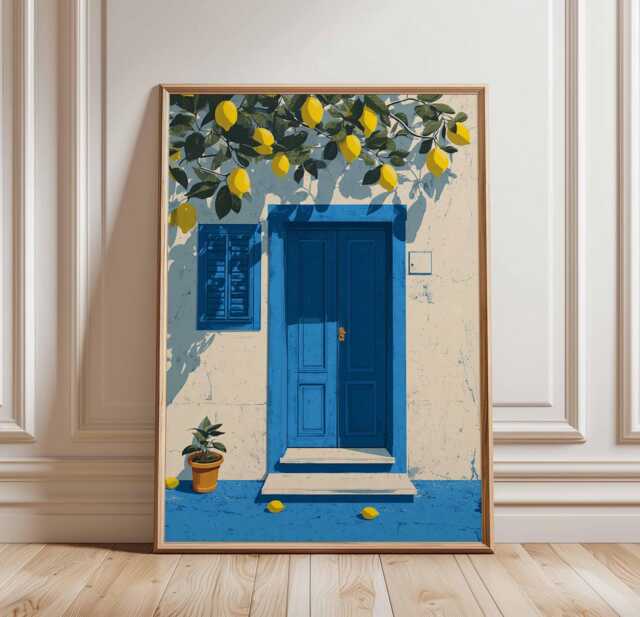 Lemon Tree Doorway Print, Mediterranean Wall Art, Greek Island Poster, Blue Door Decor, Summer Italy Travel Rustic Fruit Artwork - image 1