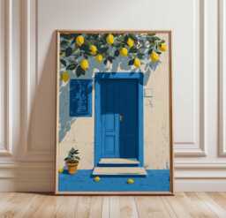 Lemon Tree Doorway Print, Mediterranean Wall Art, Greek Island Poster, Blue Door Decor, Summer Italy Travel Rustic Fruit Artwork - thumbnail 1