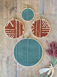 4 Piece Set, Green Red Rust African Mudcloth Gallery Wall Hanging Decor, Wood Circle Frames Various Sizes, Authentic Vintage Textiles