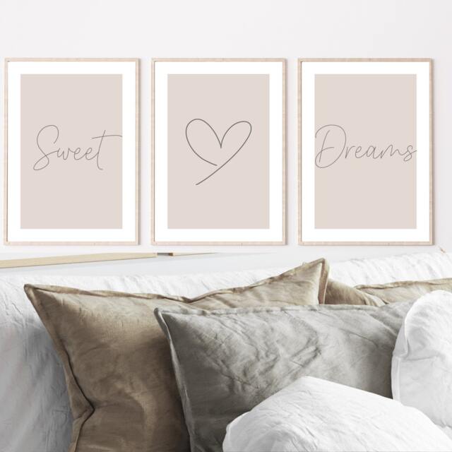 Bedroom Wall Art, Sweet Dream Prints, Beige Decor, Neutral Art Posters, Heart Set Of 3 Grey & Posters - image 1
