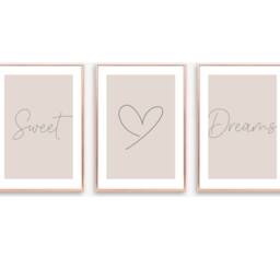 Bedroom Wall Art, Sweet Dream Prints, Beige Decor, Neutral Art Posters, Heart Set Of 3 Grey & Posters - thumbnail 2