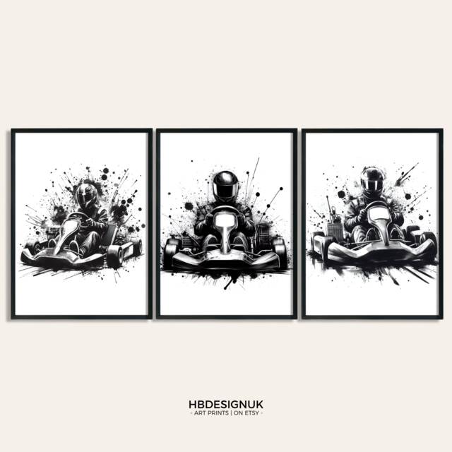 Go Karting Print Poster - Set Of 3 Posters - Room Decor Art Boys Bedroom Black Kart Prints Driver Gifts - image 1
