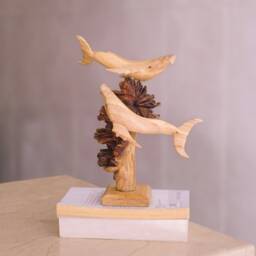 Wooden Whale Statue, Couple, Hand Carved, Humpback Sculpture, Animal Figurine, Wood Carving, Anniversary Gift, Room Decor, Art Objects - thumbnail 4