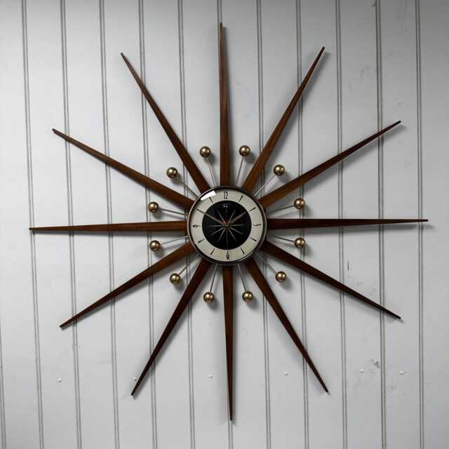 Large Teak Starburst Wall Clock, Mid Century Modern Atomic Design, Turquoise Face - image 1
