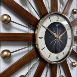 Large Teak Starburst Wall Clock, Mid Century Modern Atomic Design, Turquoise Face - thumbnail 3