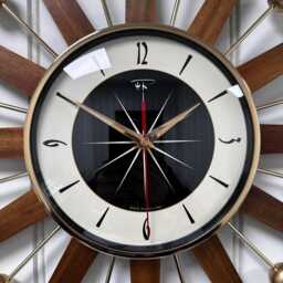 Large Teak Starburst Wall Clock, Mid Century Modern Atomic Design, Turquoise Face - thumbnail 4