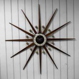 Large Teak Starburst Wall Clock, Mid Century Modern Atomic Design, Turquoise Face - thumbnail 1