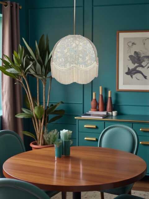 Handmade William Morris Scalloped Dome Lampshade Blue Golden Lily Pool Fabric With Cream Fringe - image 1