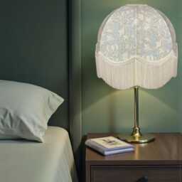 Handmade William Morris Scalloped Dome Lampshade Blue Golden Lily Pool Fabric With Cream Fringe - thumbnail 3