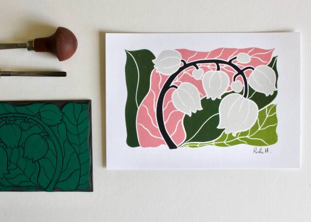 Linocut Lily Of The Valley Flower Art Print - Colourful Wall/A5 On Cotton Paper Spring Linocut Artwork - image 1