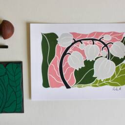 Linocut Lily Of The Valley Flower Art Print - Colourful Wall/A5 On Cotton Paper Spring Linocut Artwork - thumbnail 2