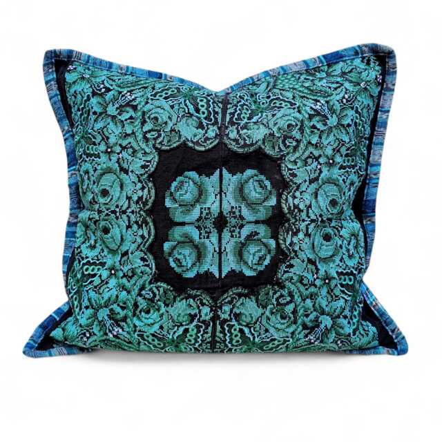 Guatemalan Huipil Cushion Cover - Green Rose & Butterfly Textile Pillow - image 1