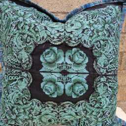 Guatemalan Huipil Cushion Cover - Green Rose & Butterfly Textile Pillow - thumbnail 2
