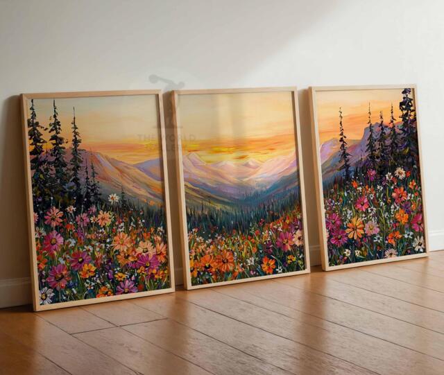 Neutral Wildflower Field Set Of 3 Prints, Daisy Posters, Landscape Painting Art, Rustic Farmhouse Decor, Country Meadow Wall Art - image 1