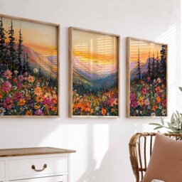 Neutral Wildflower Field Set Of 3 Prints, Daisy Posters, Landscape Painting Art, Rustic Farmhouse Decor, Country Meadow Wall Art - thumbnail 2