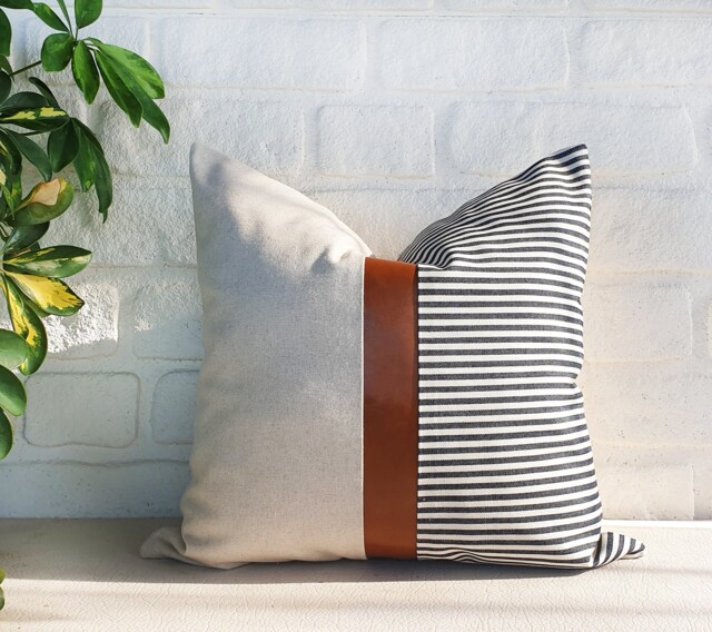 Cognac Faux Leather & Striped Denim Pillow Cover Modern Home Decor - image 1