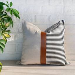 Cognac Faux Leather & Striped Denim Pillow Cover Modern Home Decor - thumbnail 2