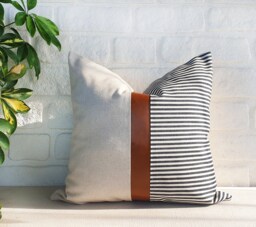 Cognac Faux Leather & Striped Denim Pillow Cover Modern Home Decor - thumbnail 1