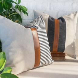 Cognac Faux Leather & Striped Denim Pillow Cover Modern Home Decor - thumbnail 3
