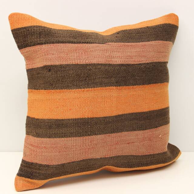 Vintage Kilim Pillow Cover, 16x16 Orange Brown Striped Cushion - image 1