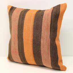 Vintage Kilim Pillow Cover, 16x16 Orange Brown Striped Cushion - thumbnail 3