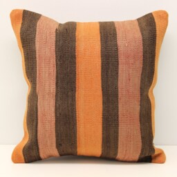 Vintage Kilim Pillow Cover, 16x16 Orange Brown Striped Cushion - thumbnail 2