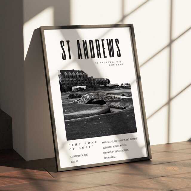 st Andrews Golf Poster - Black & White Wall Art - Home Of Print Old Course Scotland Gift For Him Father's Day
