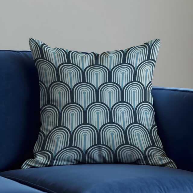 Mid Century Modern Blue Cushion Cover, Geometric Arch Pattern Retro Teal Throw Pillow Case - image 1