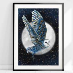 A5 A4 Original Art Print - Spiritual Spirit Guide Art Night Owl Moon Fantasy Poster Whimsical - Woodlands - thumbnail 3