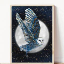 A5 A4 Original Art Print - Spiritual Spirit Guide Art Night Owl Moon Fantasy Poster Whimsical - Woodlands - thumbnail 2