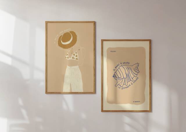 Poster Set Summer Girl & Shell Illustration/Art Print Minimalist Italy, Beige - image 1