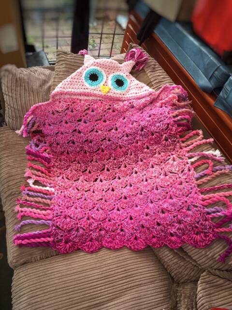 Pink Crochet Hooded Owl Blanket - Handmade Cosy Throw - image 1