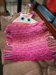 Pink Crochet Hooded Owl Blanket - Handmade Cosy Throw