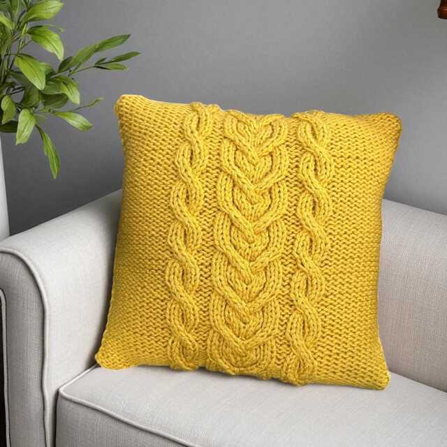 Hand Knit Pillow Cover Mustard Cable With Buttons - image 1
