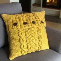 Hand Knit Pillow Cover Mustard Cable With Buttons - thumbnail 3