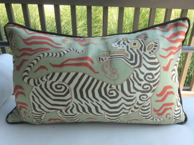 Clarence House Pillow Cover in Tibet Dragon(Pale Green Linen With Cocoa Brown Back - image 1