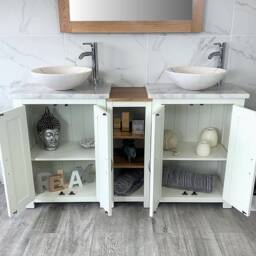 Bathroom Vanity Unit - Sink Washstand Slimline White Painted With Marble Worktop & Sit On Basins Taps Plugs Included - thumbnail 2