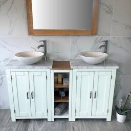 Bathroom Vanity Unit - Sink Washstand Slimline White Painted With Marble Worktop & Sit On Basins Taps Plugs Included