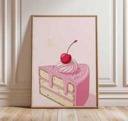 Cherry Cake Poster, Pink Dessert Wall Art, Cute Bakery Print For Kitchen Decor, Sweet Slice Illustration, Whimsical Artwork - thumbnail 1
