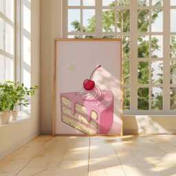 Cherry Cake Poster, Pink Dessert Wall Art, Cute Bakery Print For Kitchen Decor, Sweet Slice Illustration, Whimsical Artwork - thumbnail 3