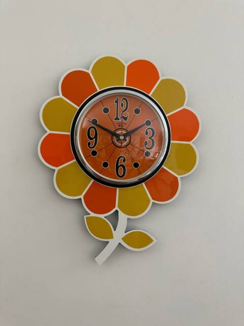 Handmade Mid-Century Modern Flower Wall Clock Tangerine Yellow, 1970S Style